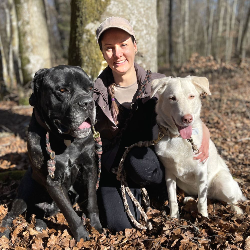 Frau sitzt mit zwei Hunden im Wald.